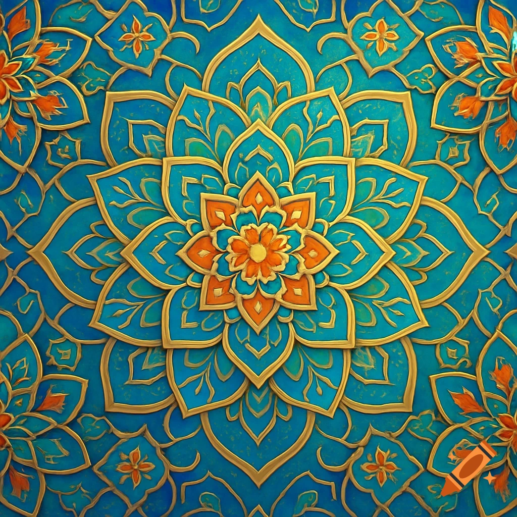 Intricate blue, gold, and orange symmetrical mandala pattern in an Islamic art style, featuring vibrant details.