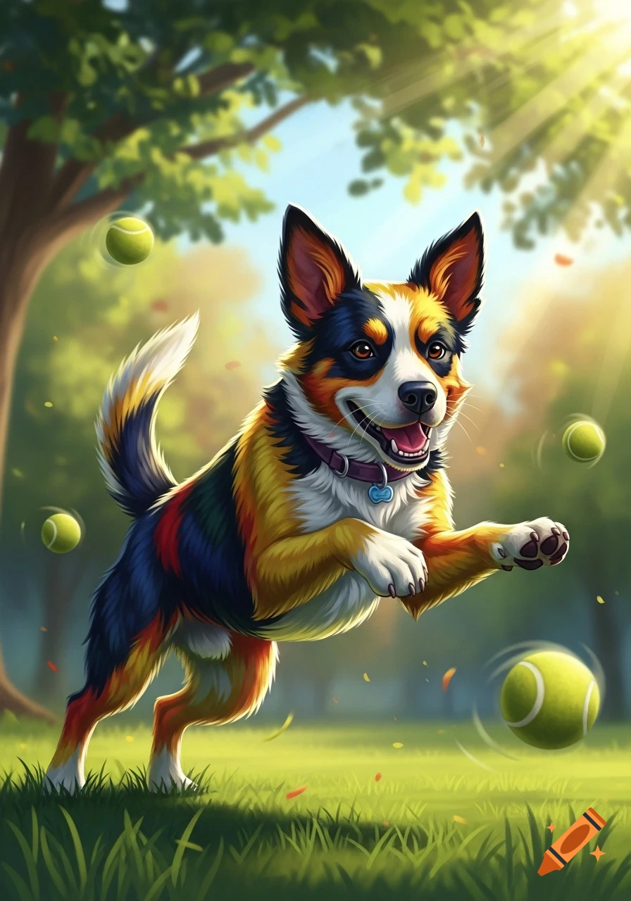A vibrant, colorful dog with black, white, orange, and red fur jumps enthusiastically in a sunny green park, surrounded by floating tennis balls.