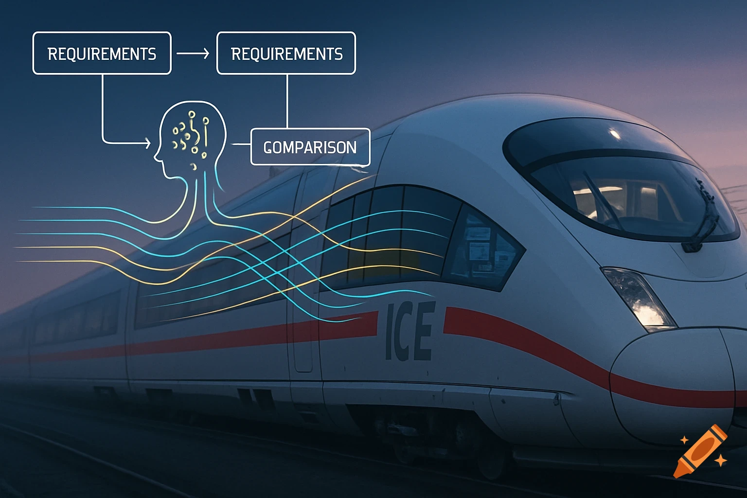 A conceptual diagram showing an AI comparing requirements, overlaid on a modern white ICE high-speed train.