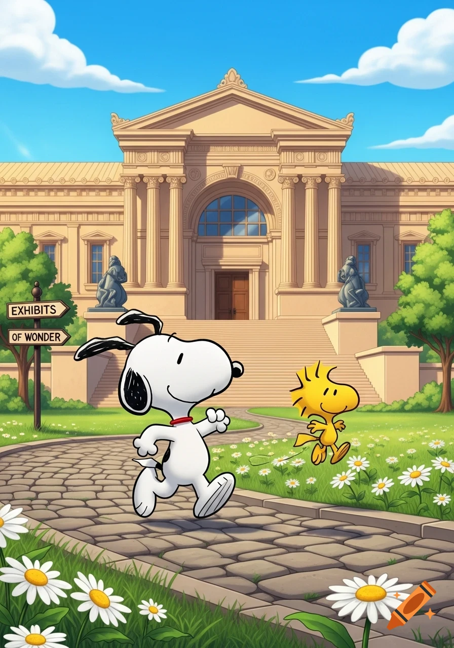Snoopy and Woodstock walk on a stone path towards a large, classical museum with a sign reading "EXHIBITS OF WONDER", under a blue sky, surrounded by green grass and daisies.