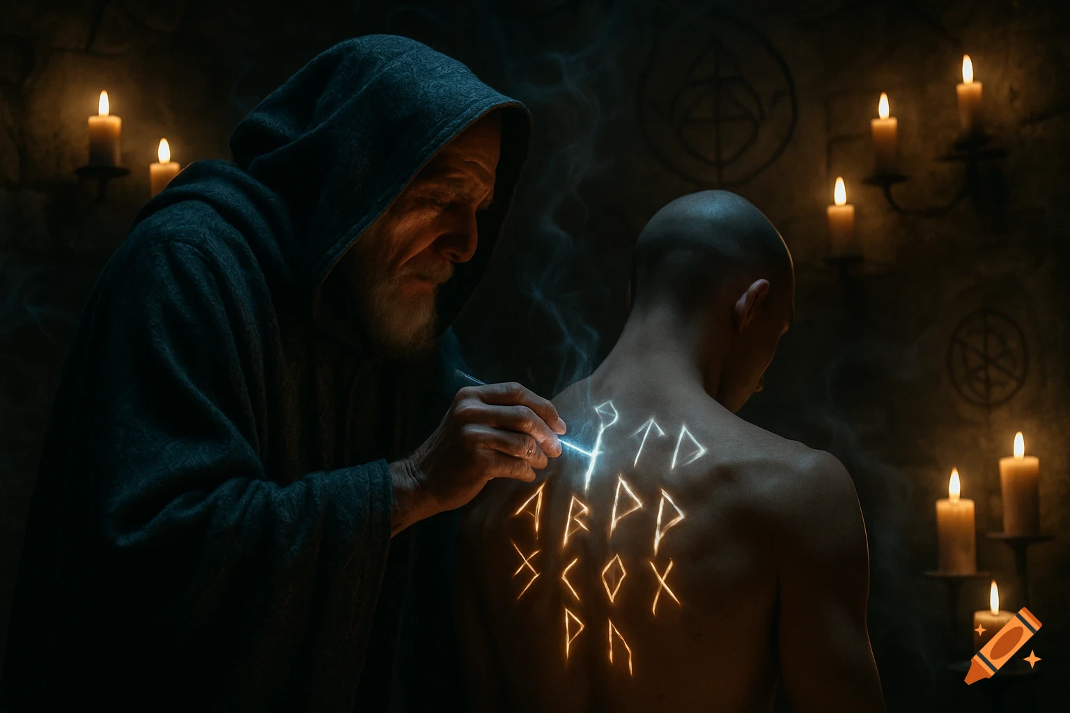 Old sorcerer in a hooded robe drawing glowing runes on a man's bare back in a dark, candlelit chamber. Photorealistic.