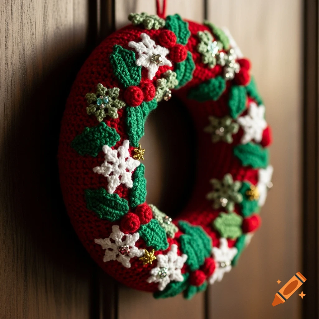 A close-up of a vibrant red crochet festive wreath with green leaves, white snowflakes, and red berries, hanging on a wooden door.