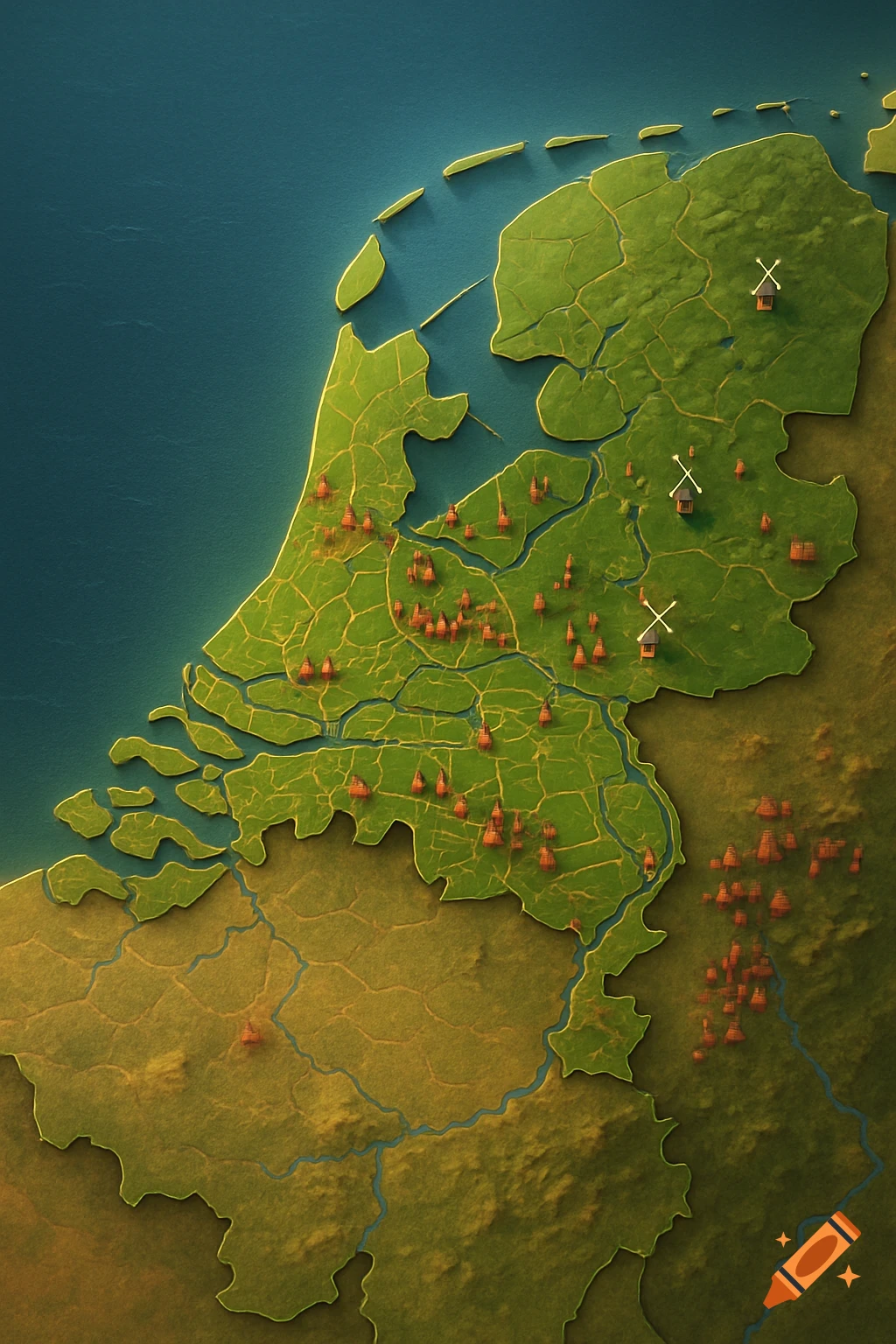 Stylized 3D relief map of the Netherlands, featuring green land, blue water, small red-roofed buildings, and windmills.