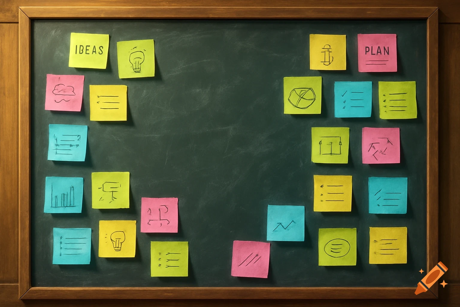 A wooden-framed blackboard filled with colorful sticky notes, some with 'IDEAS' and 'PLAN' written, others with doodles and lists.