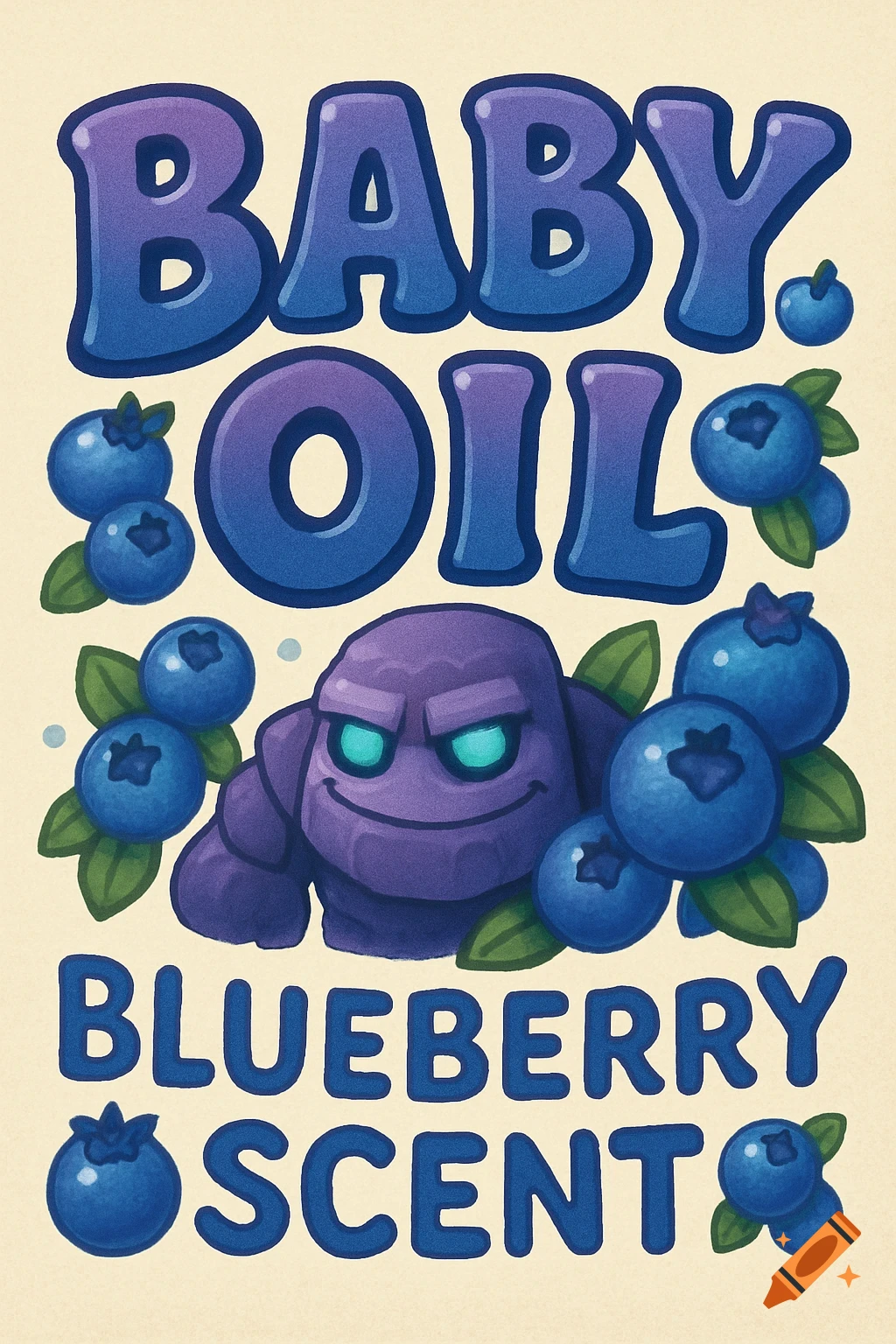A cartoon label for 'Baby Oil Blueberry Scent' featuring a purple golem-like character with glowing eyes and blueberries.