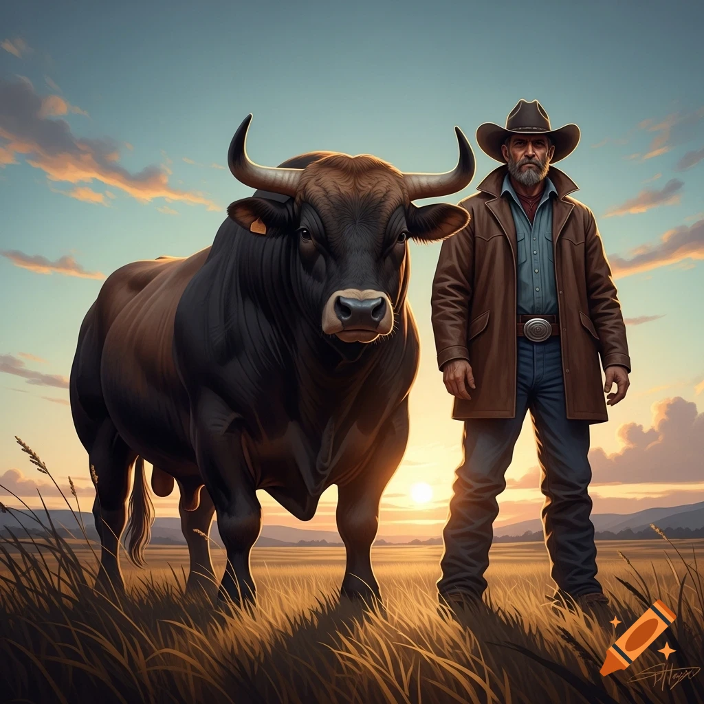 A rugged cowboy stands next to a large bull in a grassy field at sunset, photorealistic.