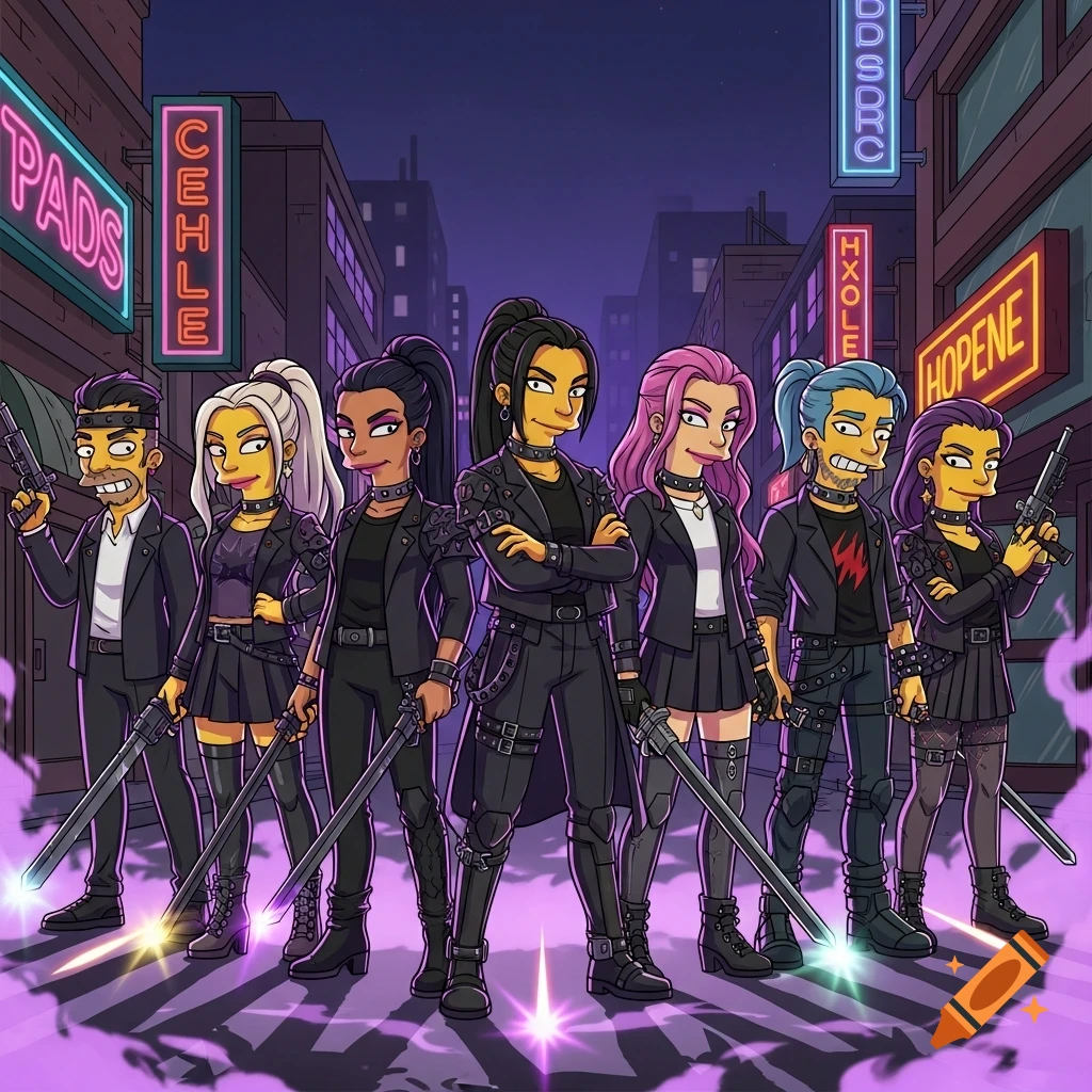 A group of K-pop inspired demon hunters, drawn in The Simpsons style, stands in a dark, neon-lit city street, holding swords and guns.