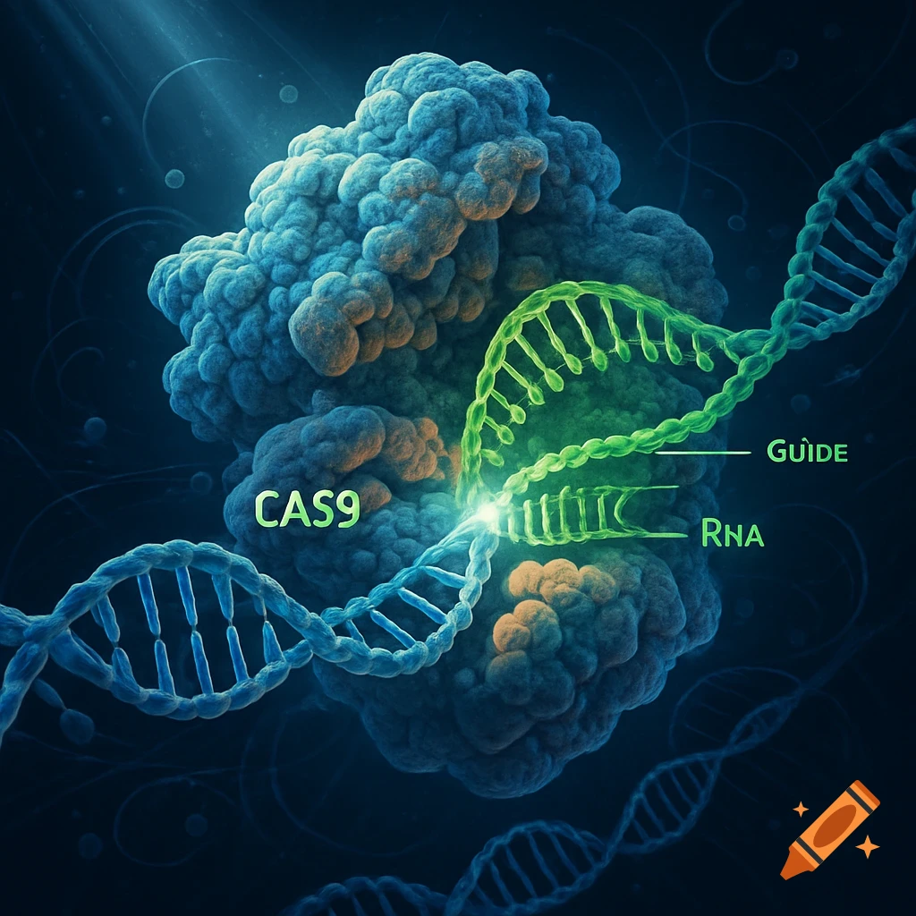 Close-up 3D rendering of the CRISPR-Cas9 mechanism, showing the Cas9 protein, guide RNA, and DNA strands against a dark background.