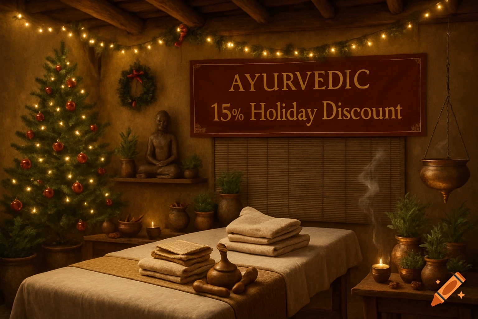 An Ayurvedic spa room with a massage table, Christmas tree, festive lights, and a sign for a '15% Holiday Discount'.