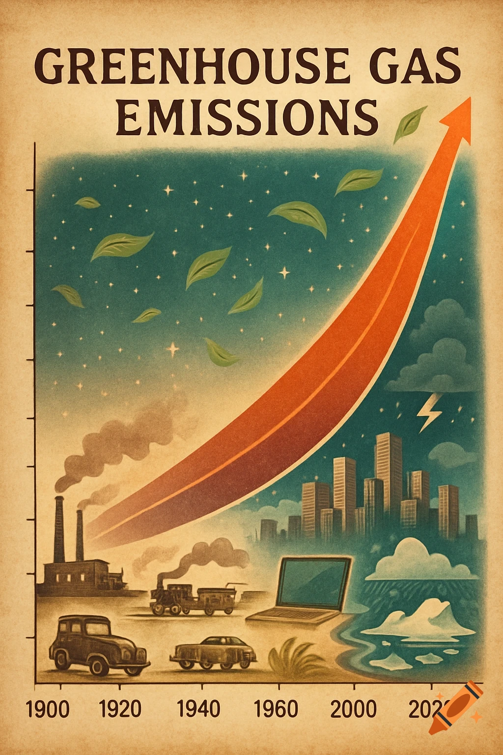 An old-style poster shows a graph of rising greenhouse gas emissions from 1900 to 2020, with factories, cars, a city, and melting ice below an upward orange arrow.