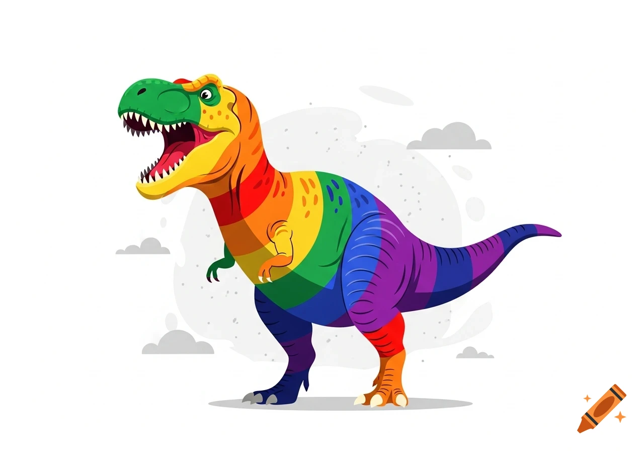 A vibrant cartoon T-Rex dinosaur roaring, colored with the rainbow pride flag stripes.