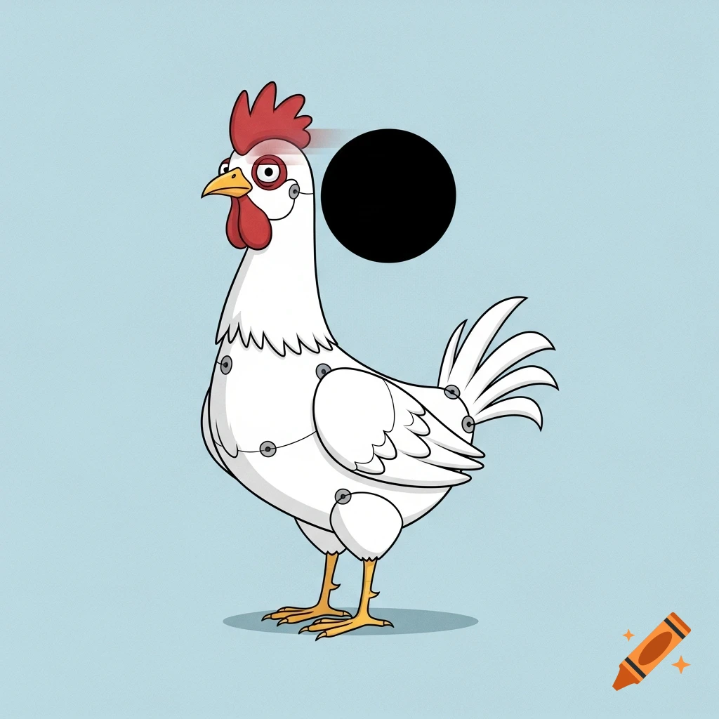A cartoon white chicken with mechanical joints and a black circle floating near its head on a light blue background.