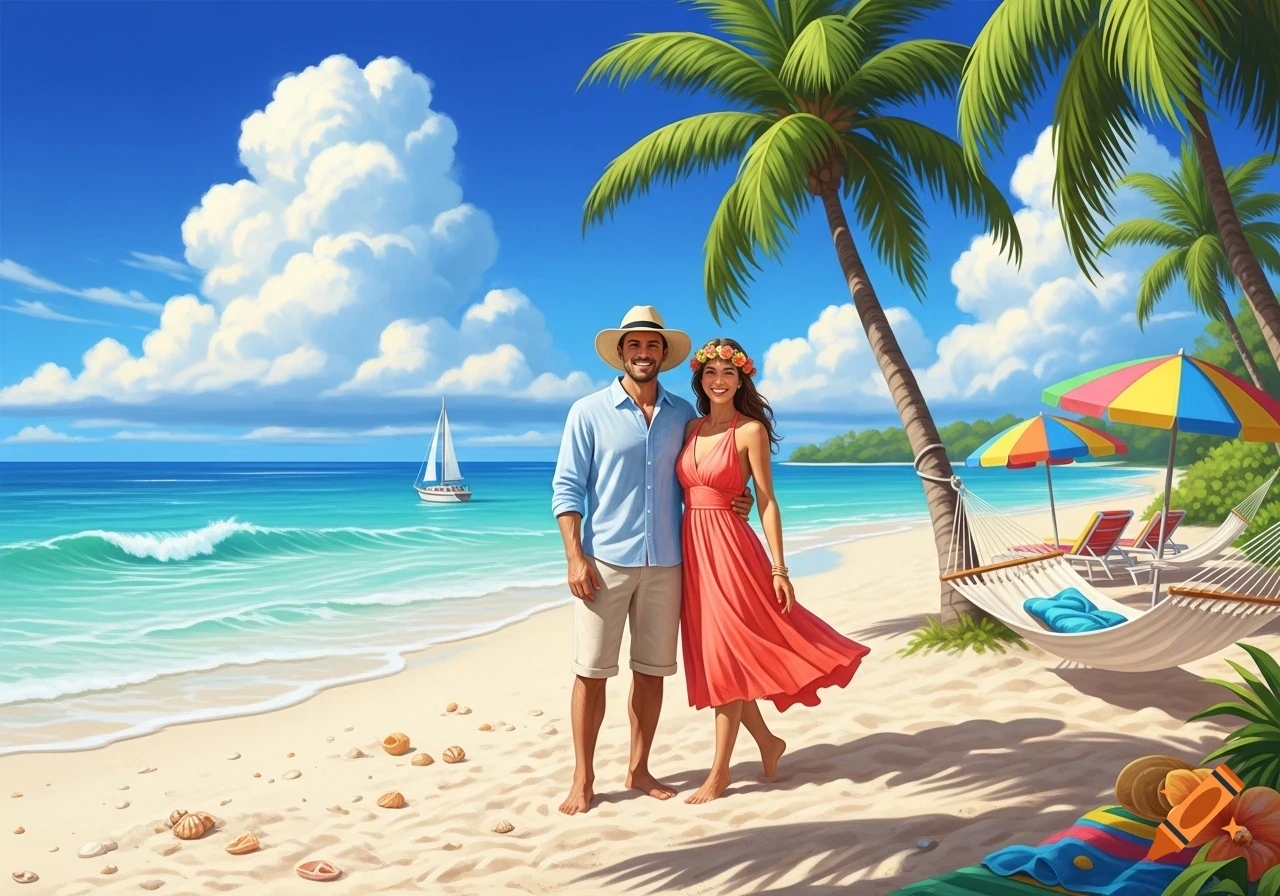 An illustration of a happy couple smiling on a sunny tropical beach with palm trees, a sailboat in the ocean, and beach amenities.