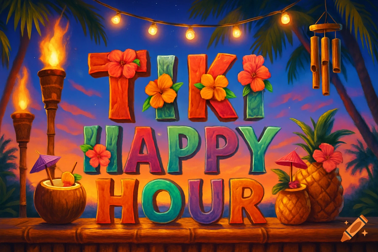 Colorful illustration of "Tiki Happy Hour" with glowing tiki torches, string lights, a coconut drink, and pineapples at sunset.