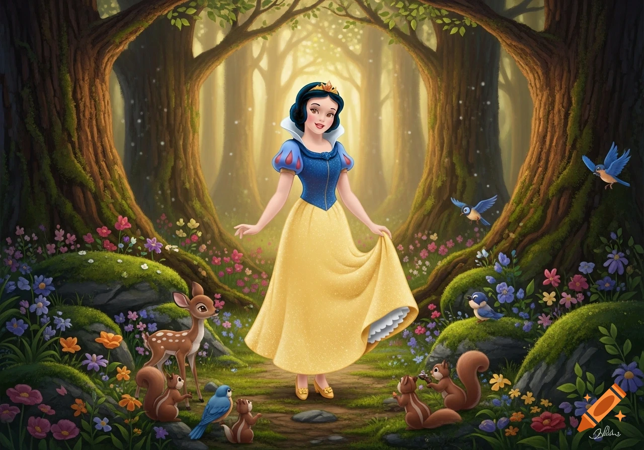 Snow White in a vibrant fairytale forest with deer, squirrels, and birds.