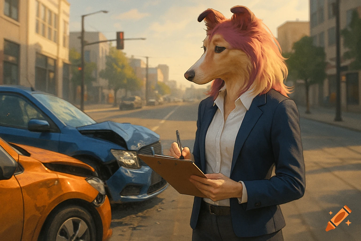 Photorealistic image of a female anthropomorphic pink and yellow Collie in business casual attire inspecting a car crash on an urban street.