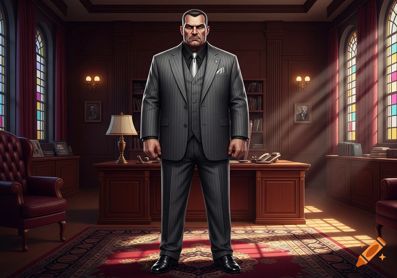 A stern man in a gray pinstripe three-piece suit stands in a formal, ornate office with stained glass windows.