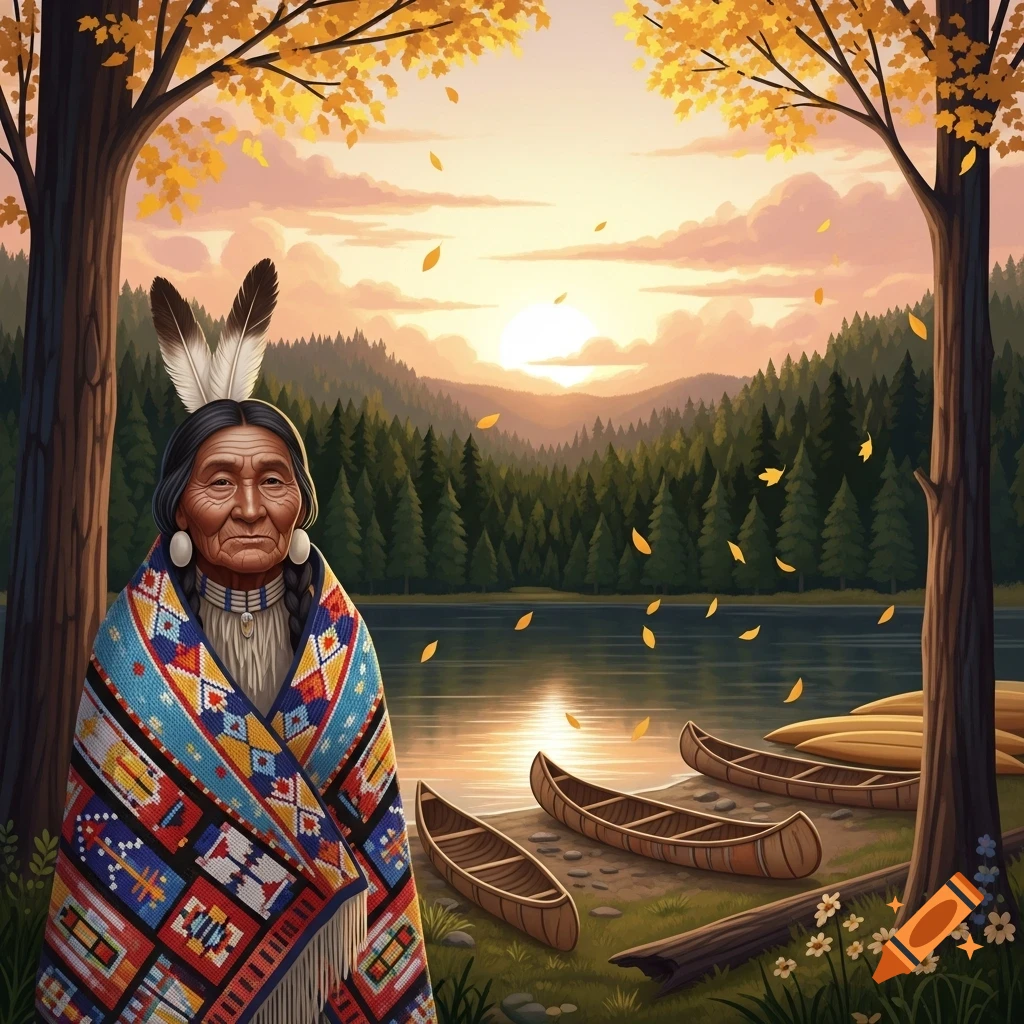 Indigenous elder in traditional attire with feathers, standing by a lake with canoes at sunset and autumn leaves falling.