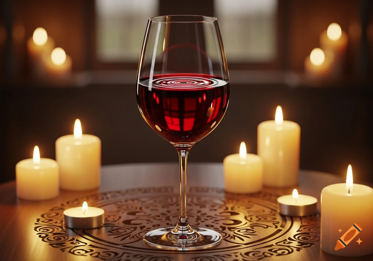 Photorealistic close-up of a wine glass of red wine, surrounded by lit candles on a decorative patterned table.