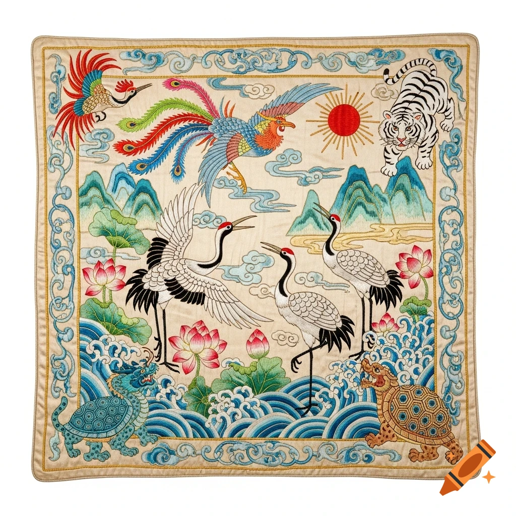 Colorful square Chinese Qing Dynasty embroidery depicting a phoenix, tiger, cranes, dragon, and tortoise amidst waves, lotus flowers, mountains, and a sun.