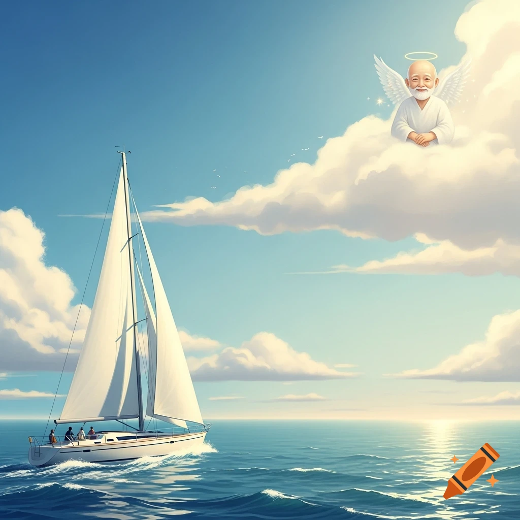 A white sailboat glides across a blue sea under a bright sky with fluffy clouds. An angelic figure watches from a cloud.