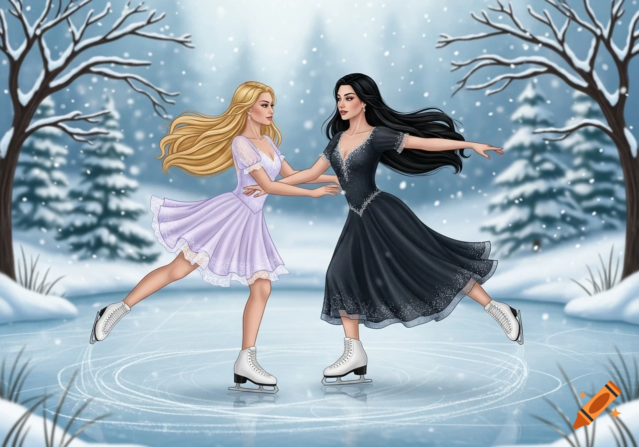 Two illustrated women, one blonde and one with black hair, gracefully ice skating on a frozen pond in a snowy forest.