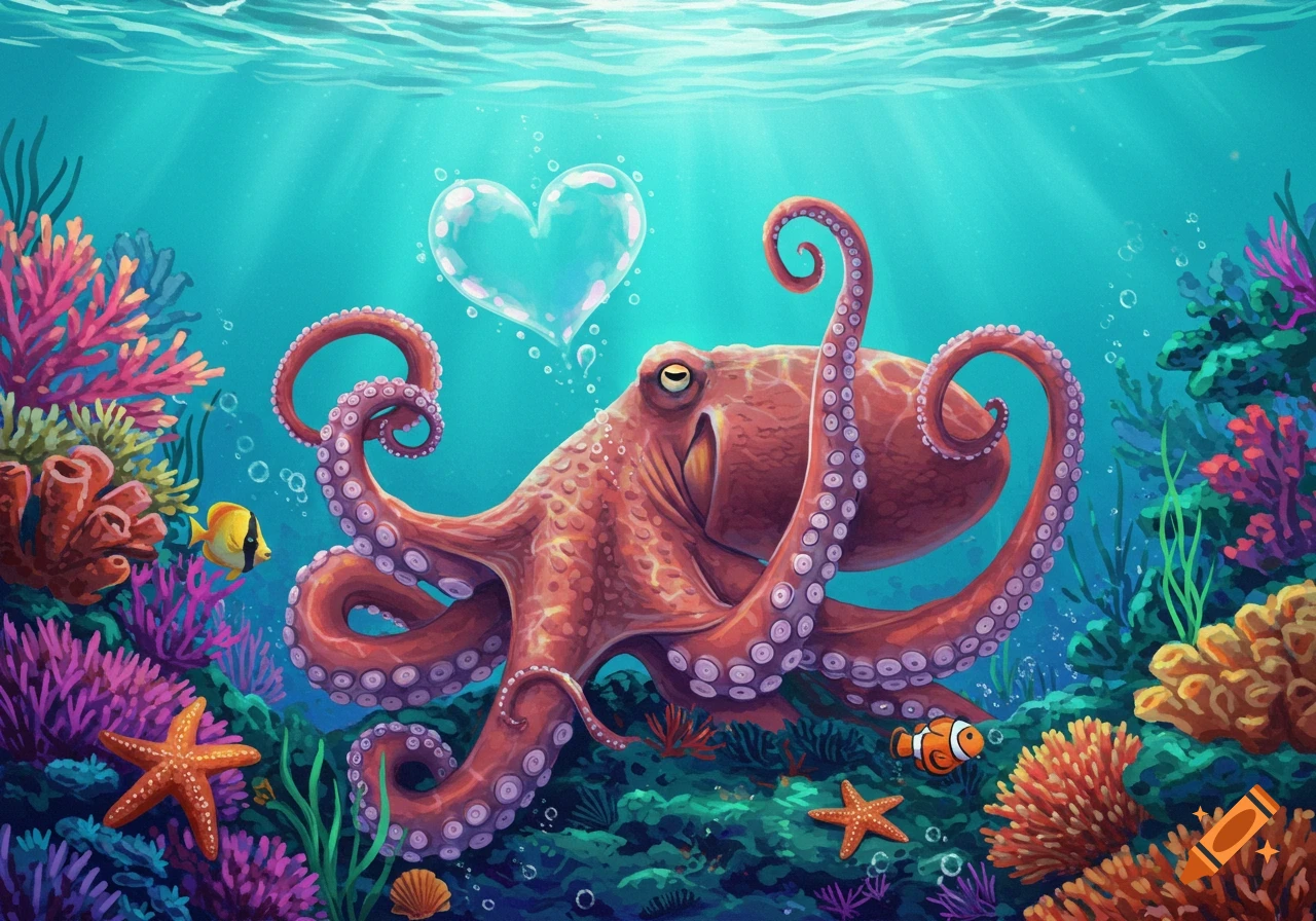 A vibrant illustration of a red octopus blowing a heart-shaped bubble, surrounded by colorful coral and tropical fish in a bright blue underwater scene.