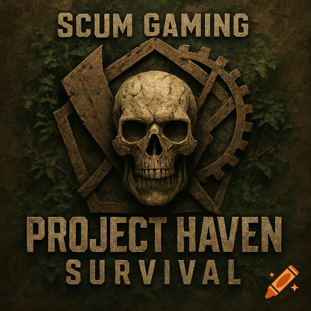 A gritty gaming logo featuring a skull, an axe, and a gear on a dark, forested background with the text 'SCUM GAMING PROJECT HAVEN SURVIVAL'.