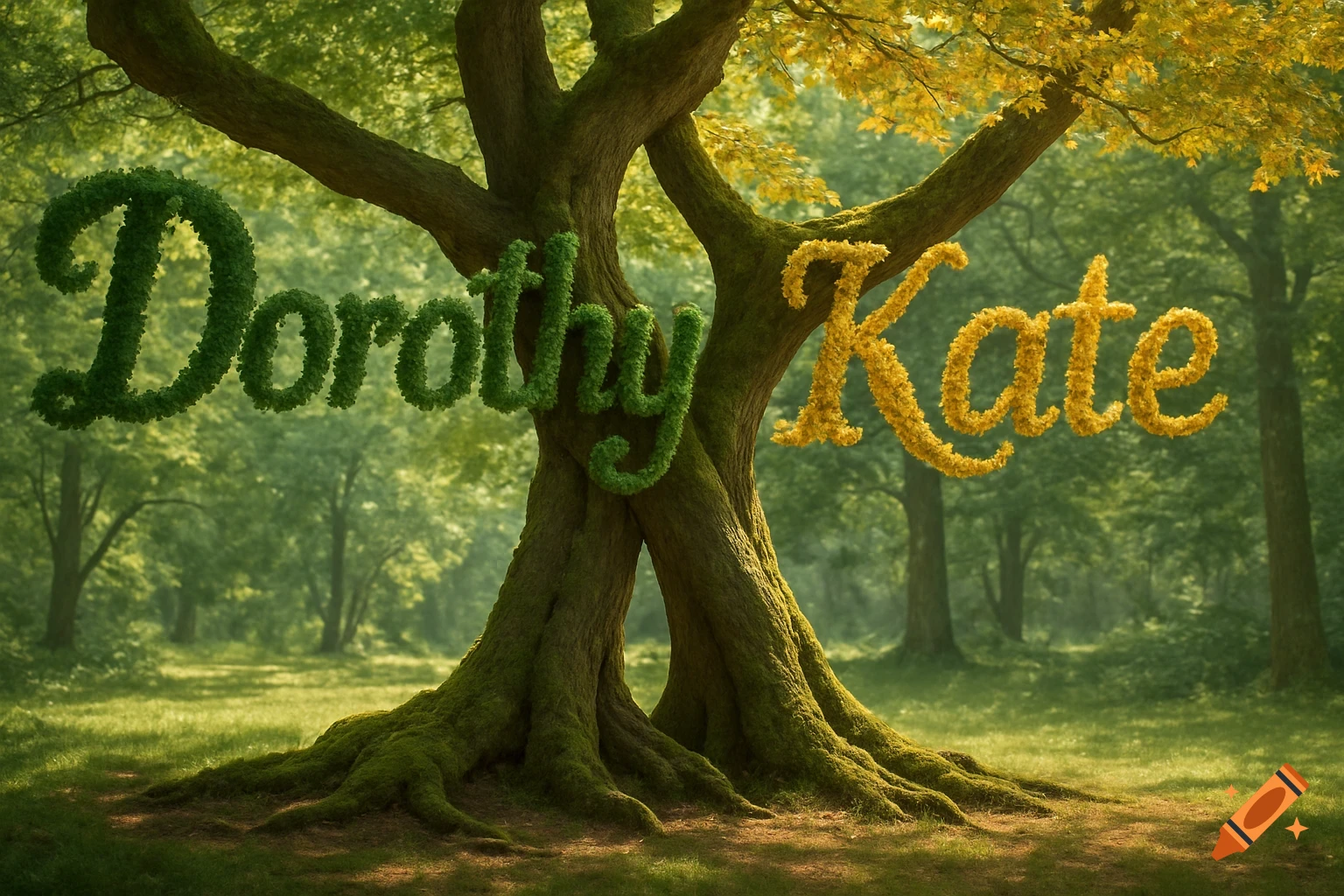 Two entwined trees in a lush forest with the name "Dorothy" spelled in green leaves and "Kate" in yellow leaves.