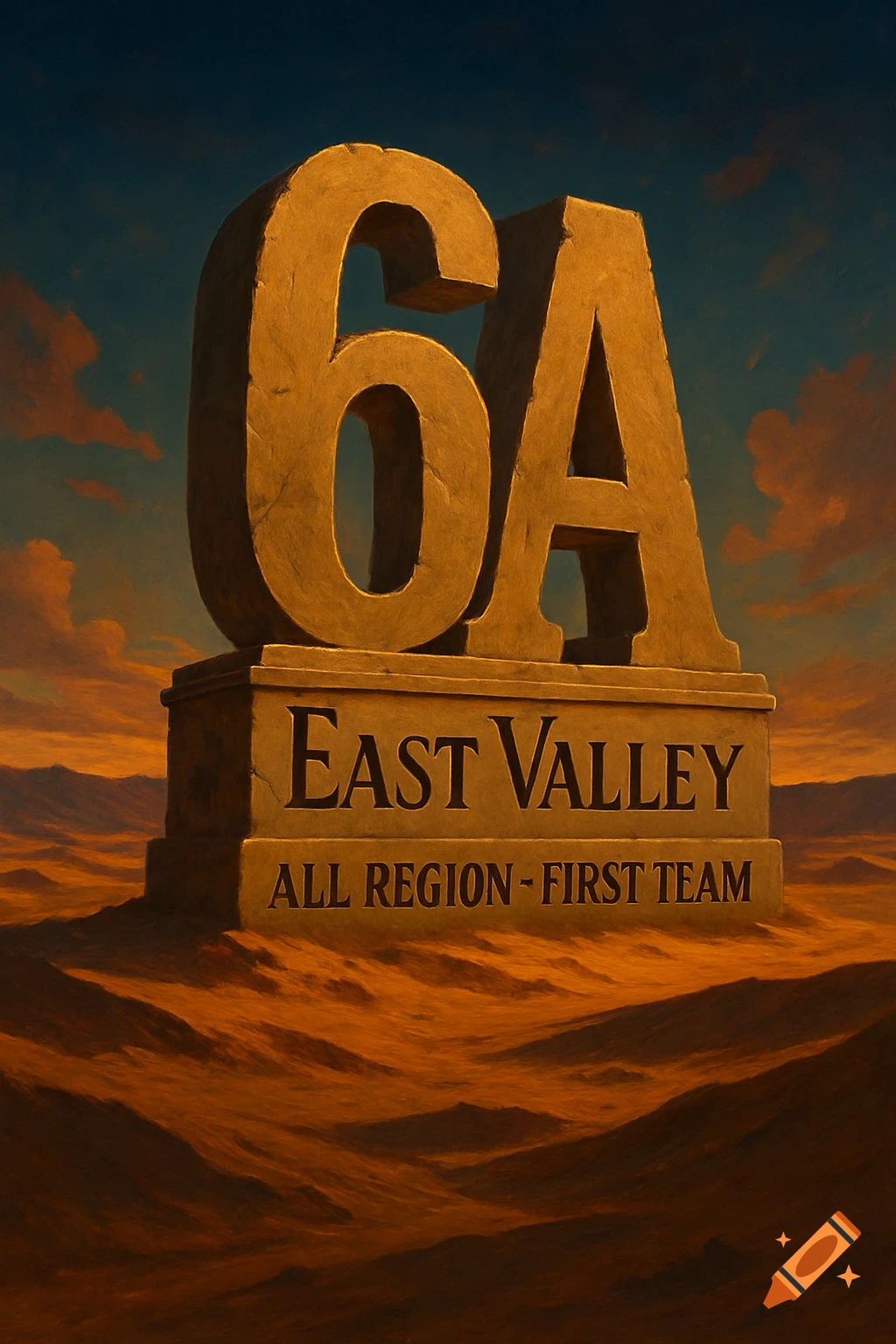 Massive stone '6A' monument with 'East Valley' and 'ALL REGION - FIRST TEAM' carved on its base, set in a desert landscape at sunset.