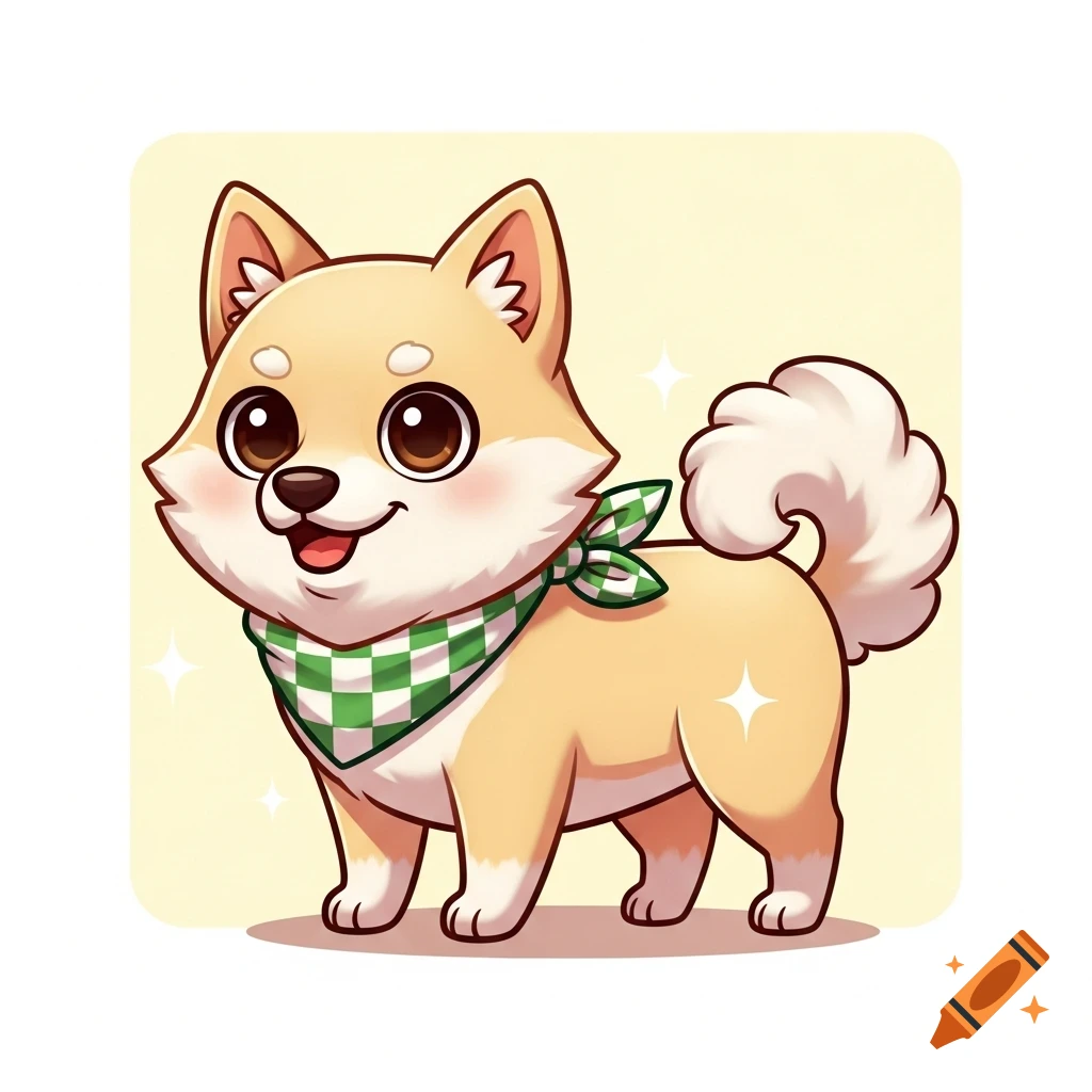 A cute cartoon light-colored Spitz dog wearing a green and white checkered bandana, smiling.