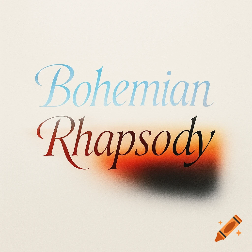 The words 'Bohemian Rhapsody' in elegant script with a light blue top and a fiery red, orange, and black bottom on a light background.