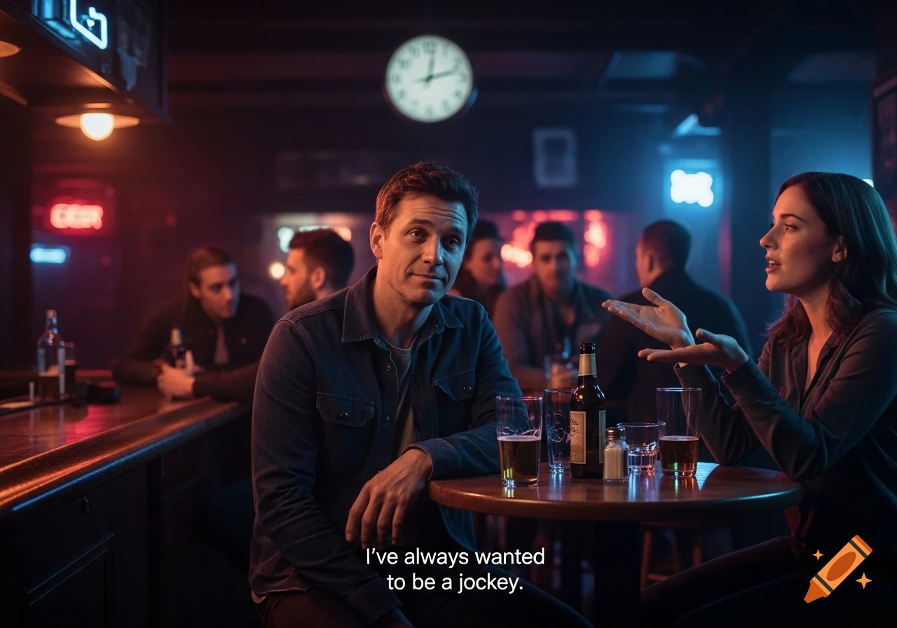 A man and a woman converse in a dimly lit bar with neon signs, text reads "I've always wanted to be a jockey."