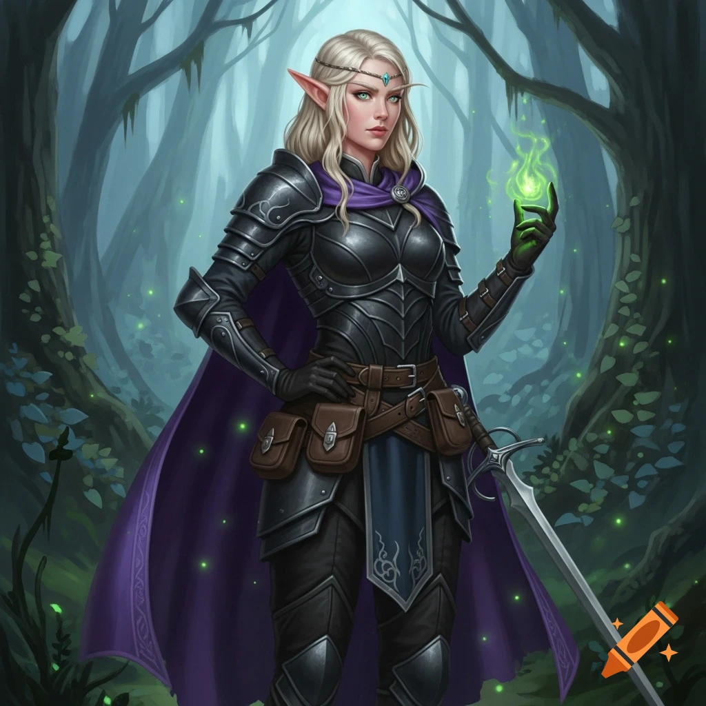 A blonde elf warrior in black armor and a purple cloak stands in a magical forest, holding green glowing magic.