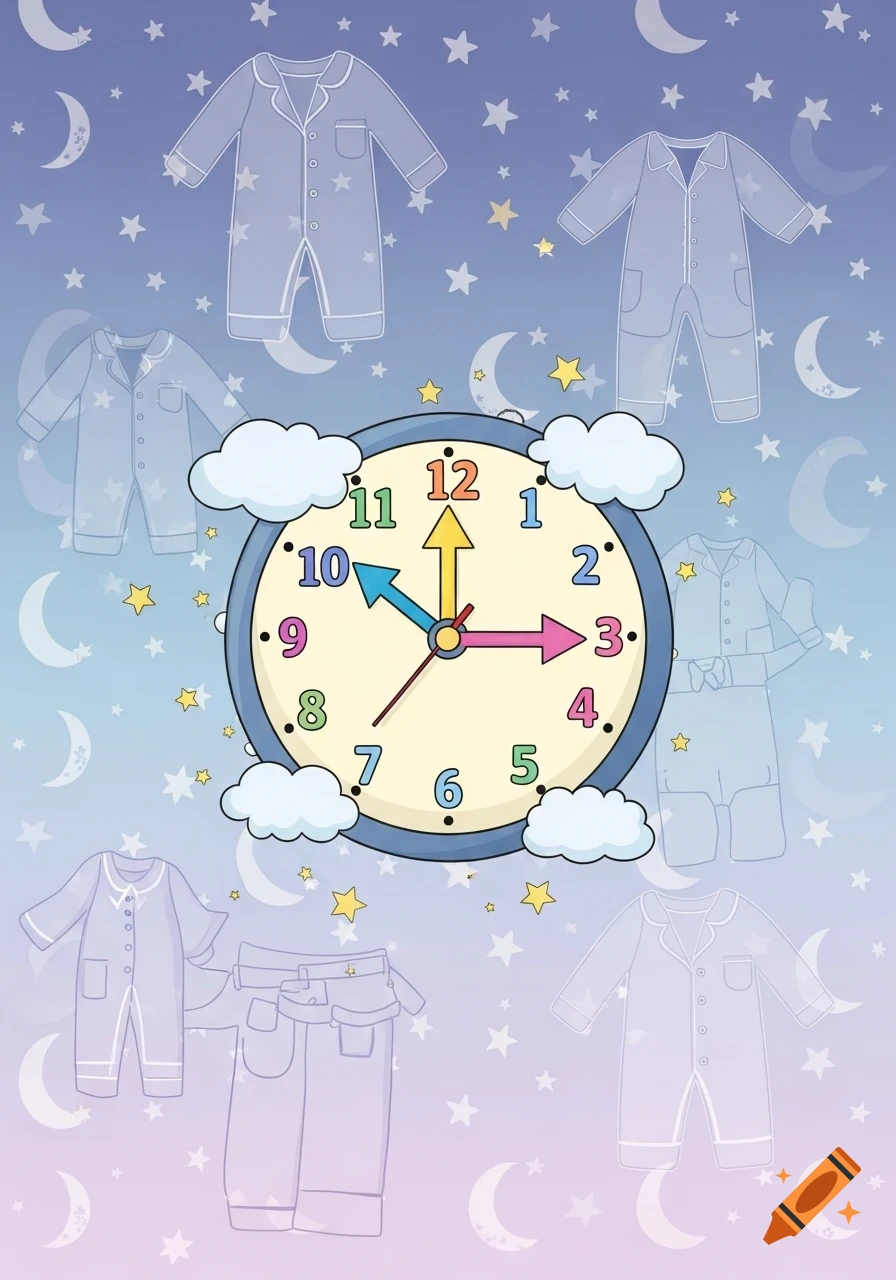 A cartoon illustration of a clock surrounded by outlined pajamas against a night sky with stars and moons.