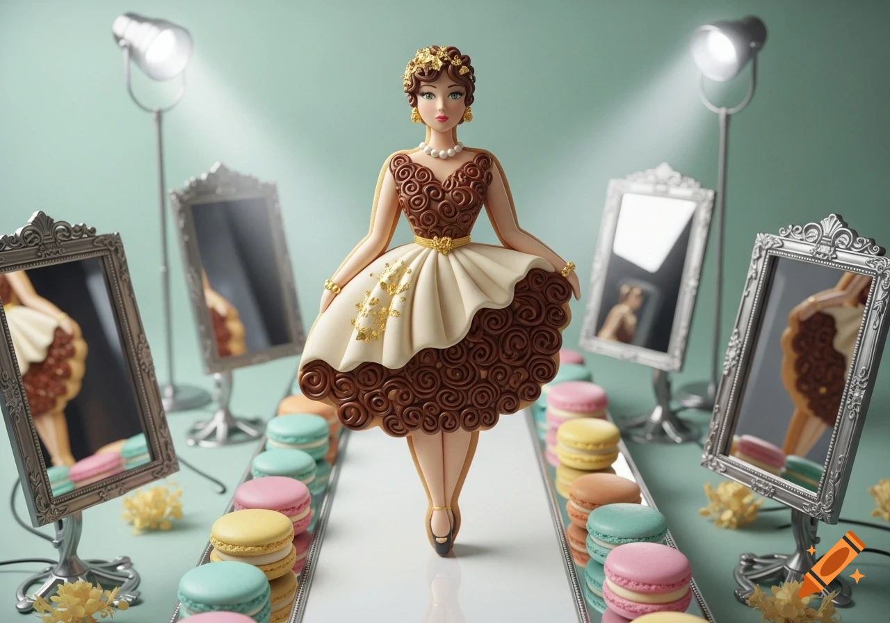 A cookie model in a decorative brown and cream dress on a runway with colorful macarons and spotlights.