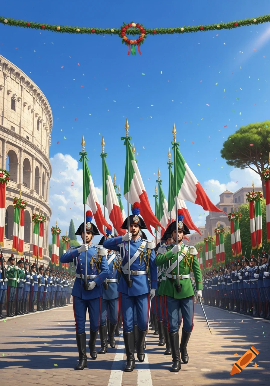 Italian military parade with soldiers in historical uniforms marching with flags past the Colosseum under a confetti-filled blue sky.