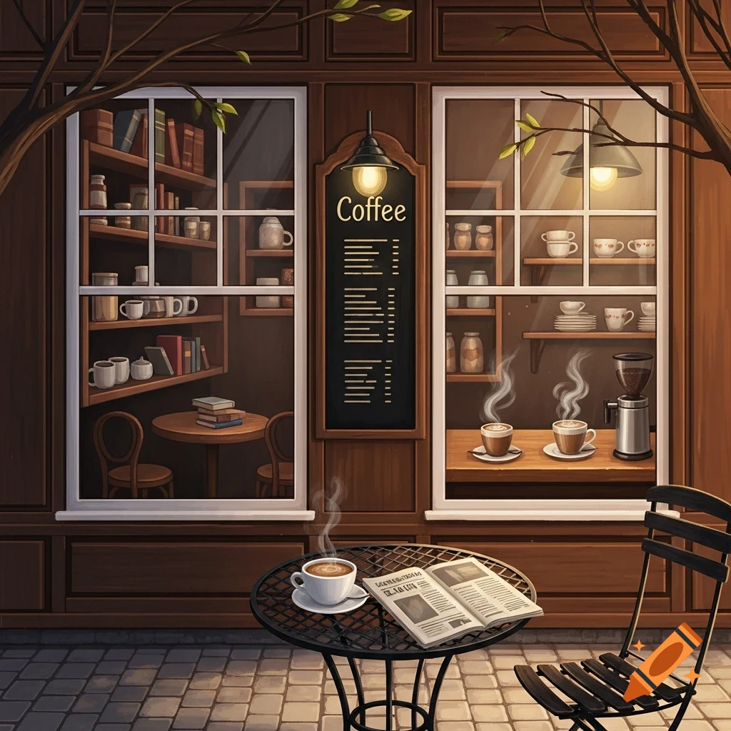 An inviting coffee shop exterior with two large windows, a menu sign, and a table with a coffee cup and newspaper outside.