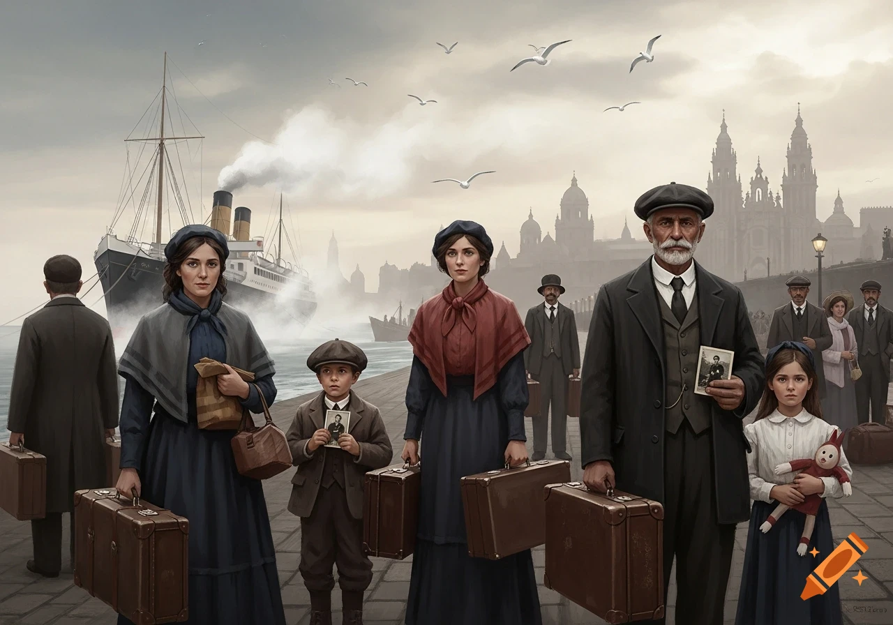 A family of historical emigrants stands with luggage at a bustling port, a large ship and city skyline in the background.
