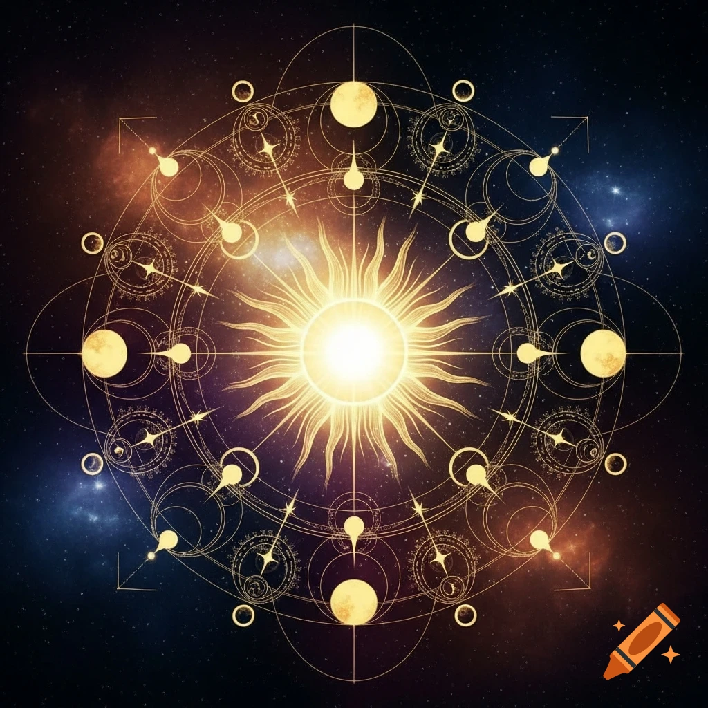A golden mandala design with a glowing sun at its center, surrounded by moons and cosmic patterns against a starry nebula background.