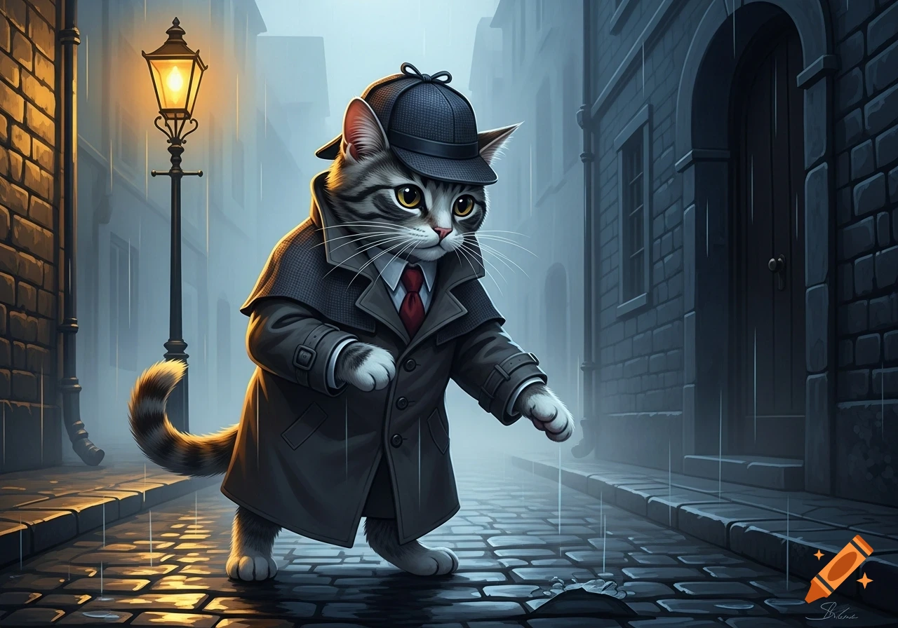 A stylized tabby cat detective in a trench coat and deerstalker hat walks on a rainy cobblestone street under a glowing streetlamp.