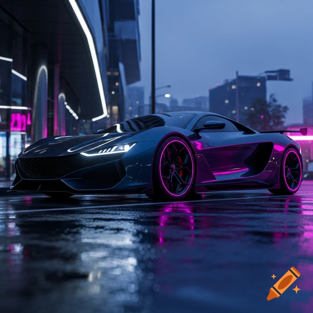 Sleek black sports car with glowing pink rims and headlights on a wet ...