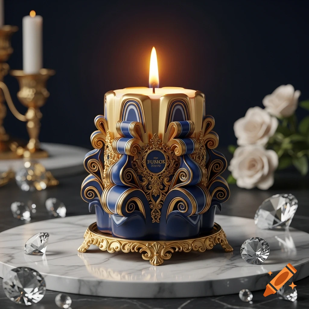 A burning ornate blue and gold luxury candle on a marble surface, surrounded by diamonds, in a photorealistic style.