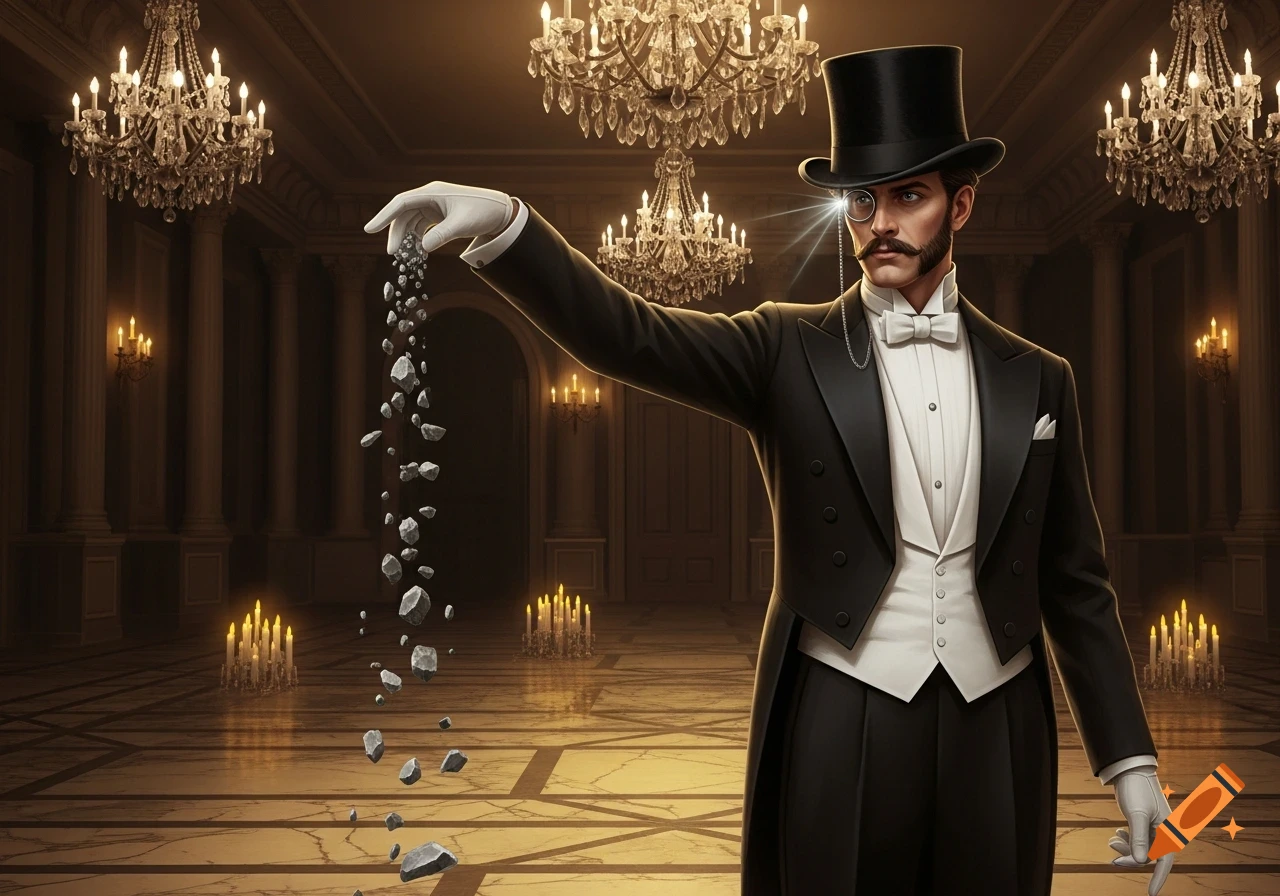 A dapper man in a tuxedo, top hat, and monocle drops small rocks in a lavish, chandelier-filled ballroom.