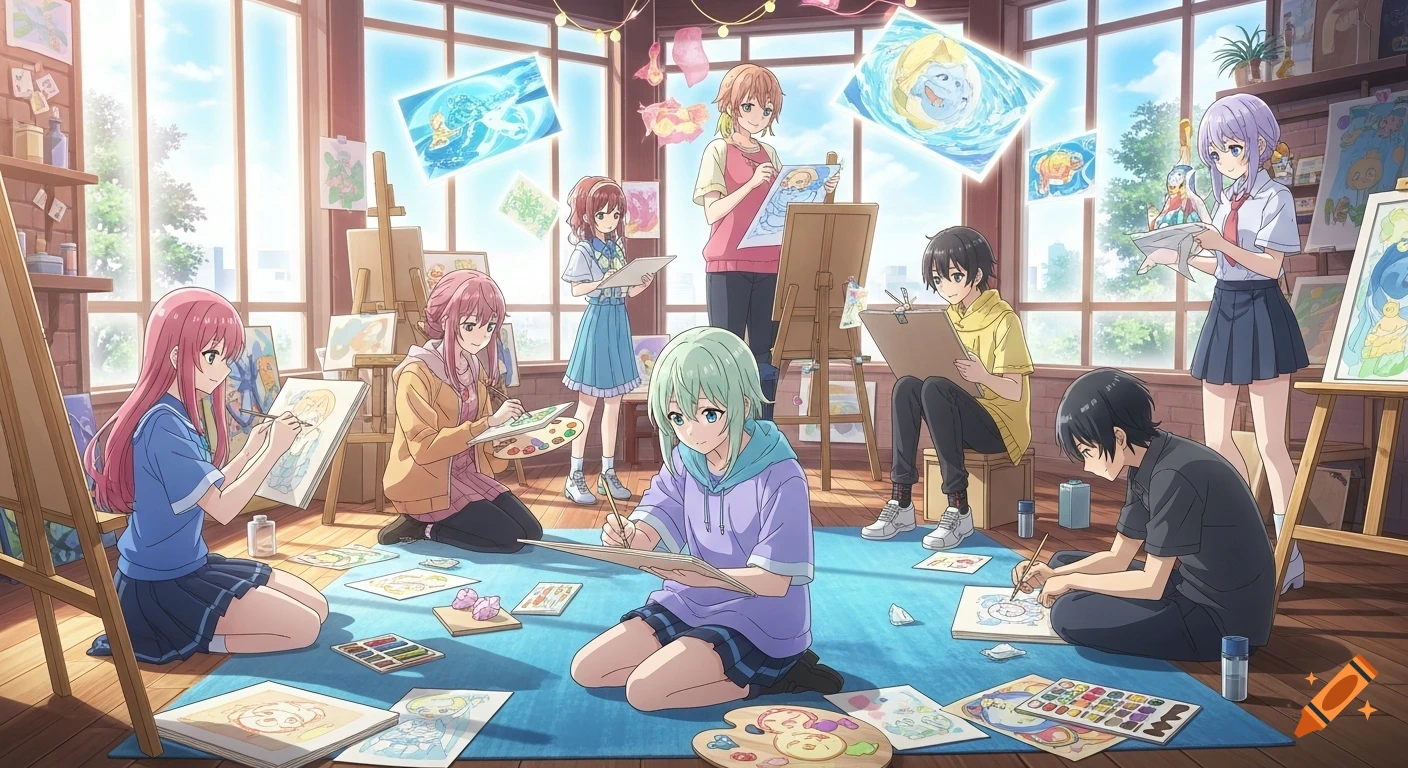 Seven anime-style students drawing and painting in a bright art studio.