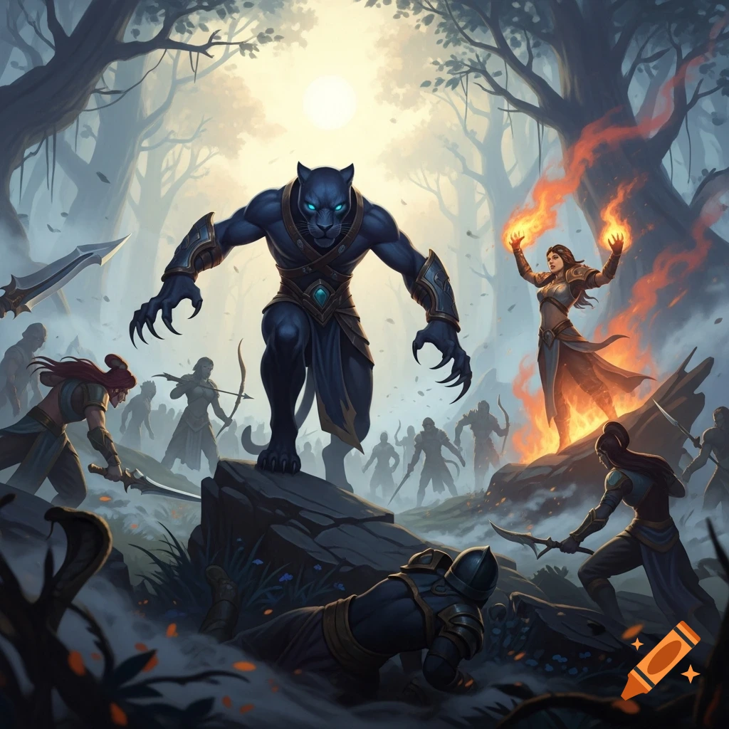 A blue, panther-like warrior with glowing eyes stands on a rock, surrounded by other warriors and a fire-wielding sorceress in a misty fantasy forest battle.