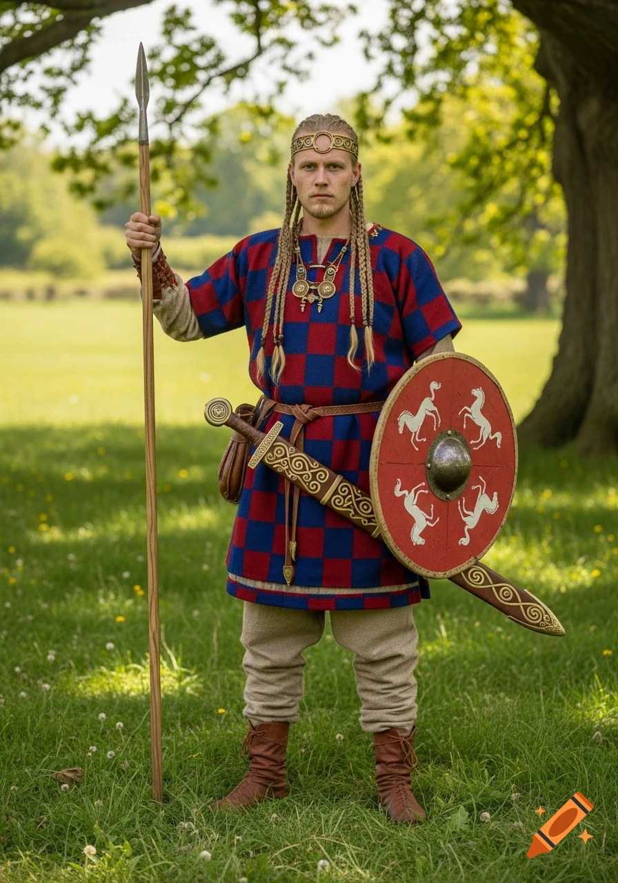 A fair-haired warrior with braids, wearing a red and blue checkered tunic, holding a spear and a round shield with horse symbols in a grassy field.