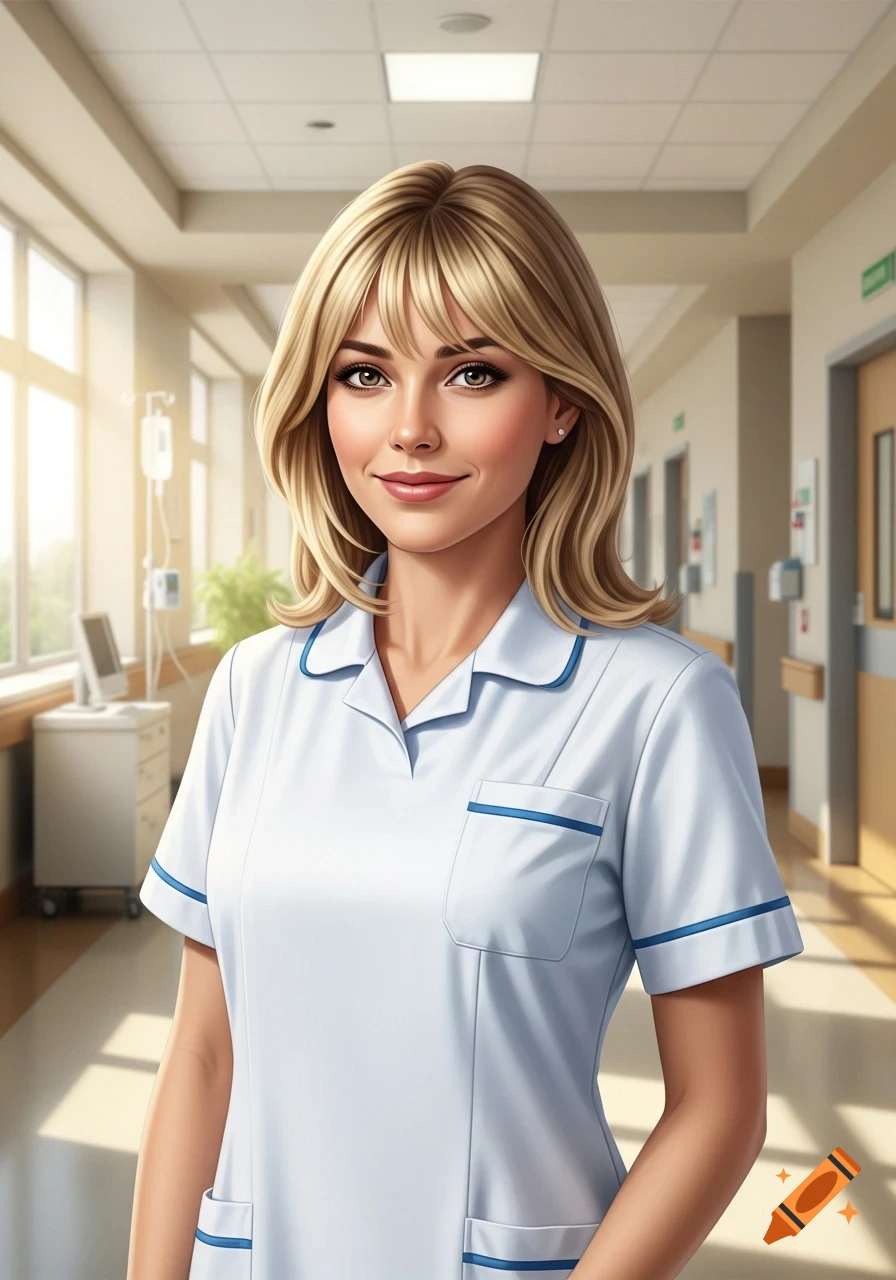 A smiling blonde nurse with bangs and shoulder-length hair in a white uniform with blue trim stands in a brightly lit hospital hallway.