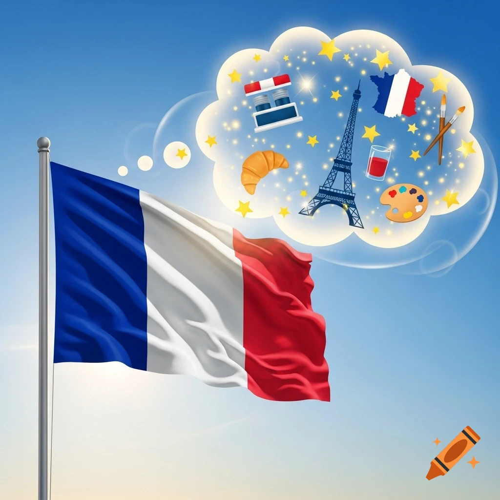 French flag flying under a blue sky, with a thought bubble filled with French cultural icons like the Eiffel Tower, a croissant, and a map of France.