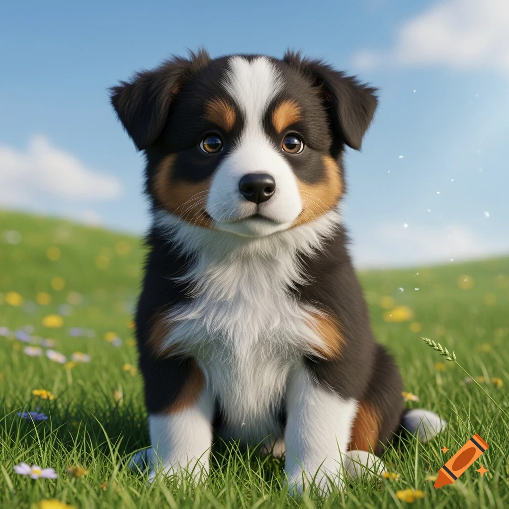 A cute, photorealistic black, white, and brown border collie puppy sits in a green field with wildflowers under a blue sky.